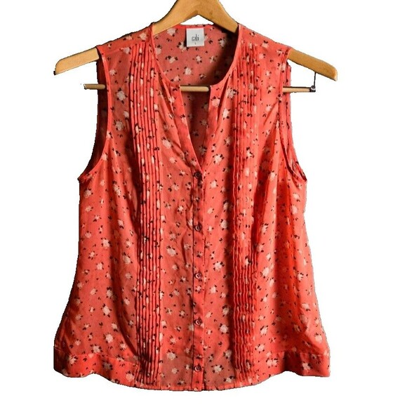 CAbi Women’s 5350 Coral Blossom Sheer Pintuck Floral Sleeveless Blouse Large - Picture 1 of 9
